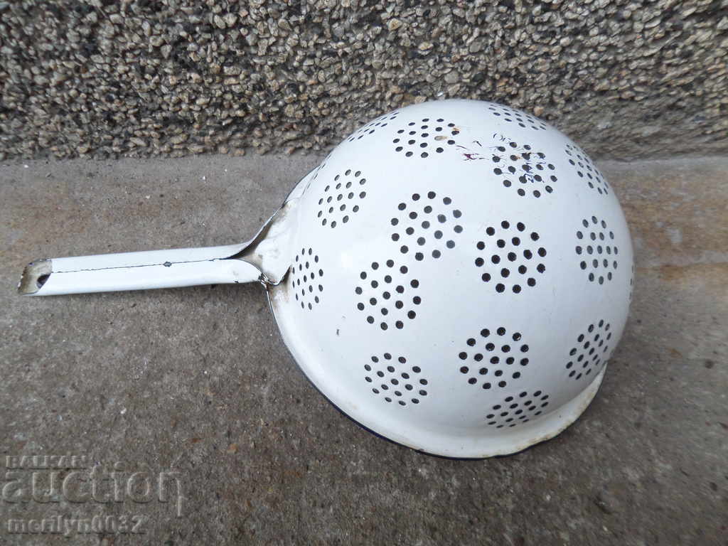 Auction  Old enameled colander, court with enamel injured by the People's Republic of Bulgaria