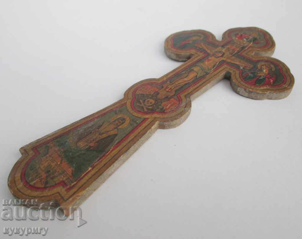 Auction 1946 old religious cross lithography on wood Auction 1946 old religious cross lithography on wood