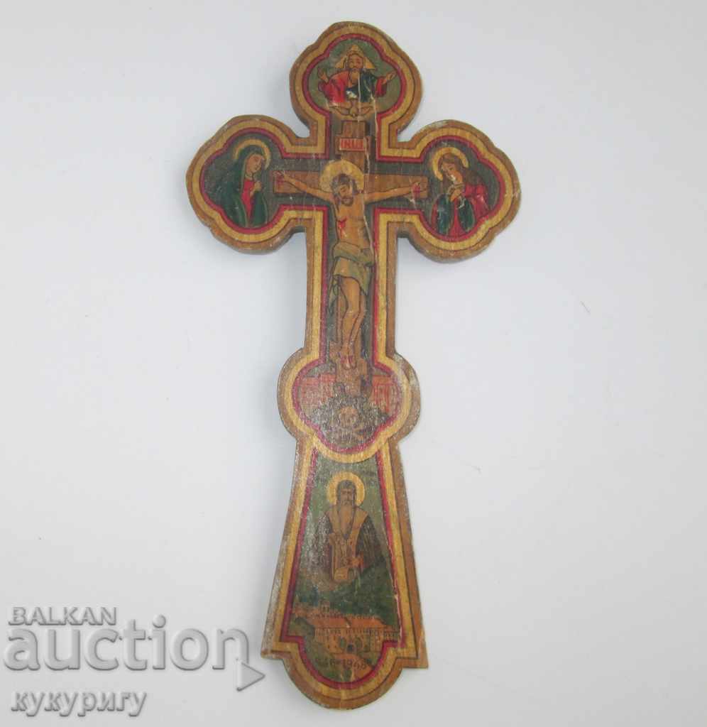 1946 old religious cross lithography on wood