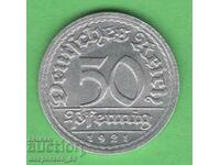 (¯`'•.¸ 50 Pfennig 1921F GERMANIA aUNC ¸.•'´¯)