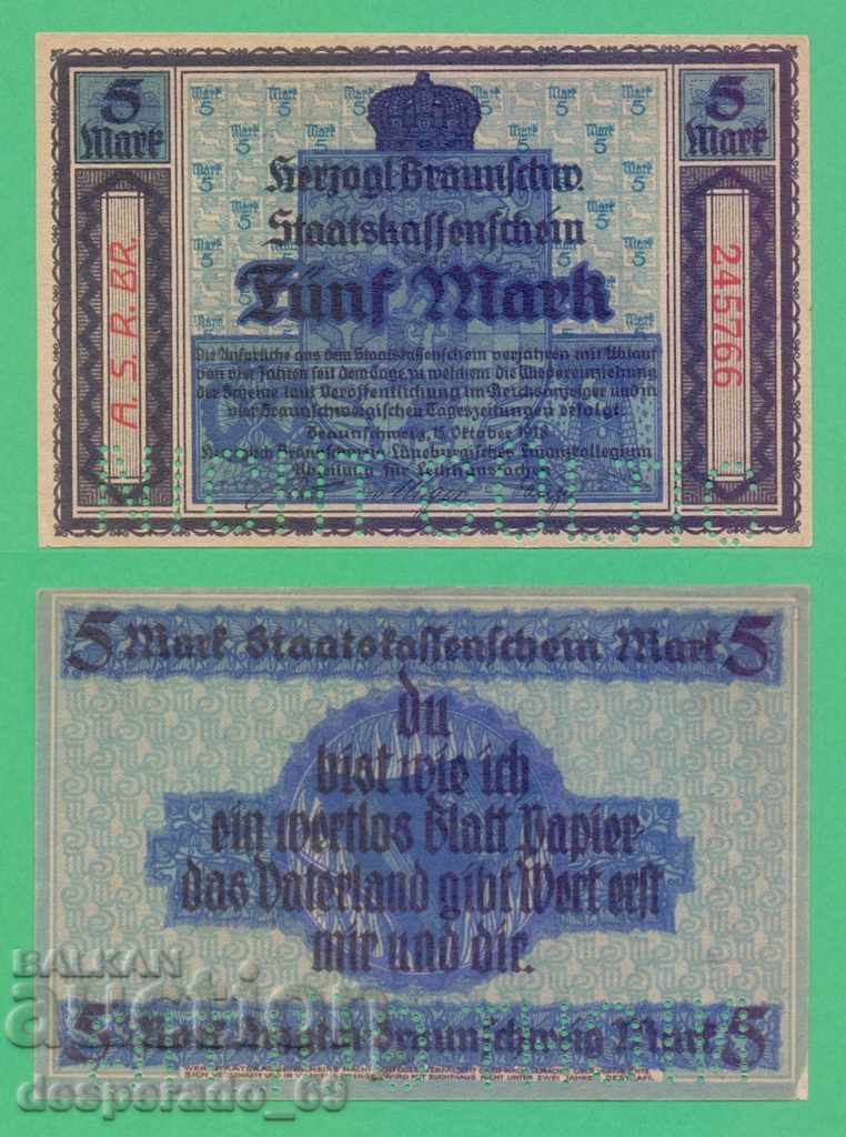 (¯`'•.¸ГЕРМАНИЯ (Braunschweig) 5 марки 1918  UNC¸.•'´¯)