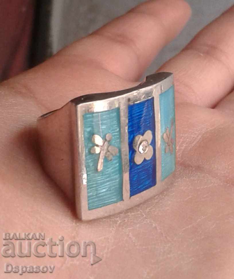 Silver Ring with Enamel and White Gold Coating