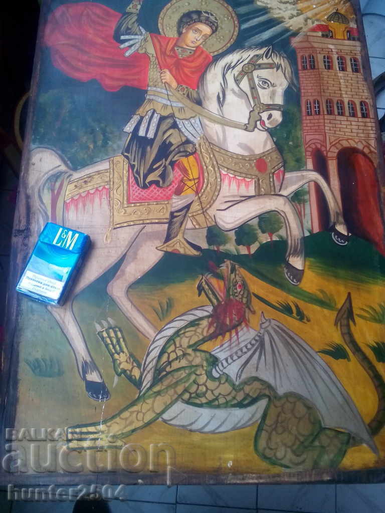 ИКОНА "Свети Георги"на състарено дърво 50х71 авт.Е. Тенев