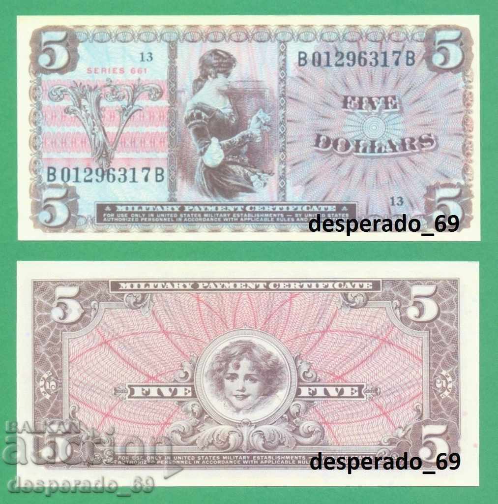 (¯`'•.¸(репродукция)  САЩ  5 долара (Военен чек) 1968 UNC ¯)