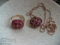 SET Fine Fine Ring Necklace Gold Plated 925 Ruby Silver