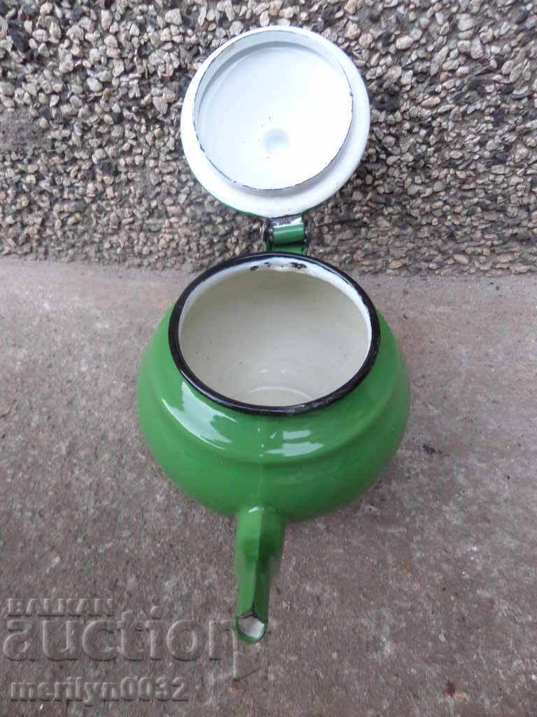 Auction Enamelled teapot made of salt container with enamel Auction Enamelled teapot made of salt container with enamel