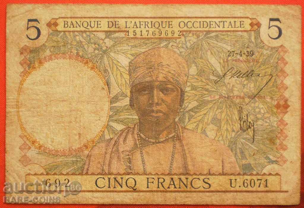 Franța Africa de Vest 5 Frank 1939 (r) cu preț € 8.69 | 17.00 BGN