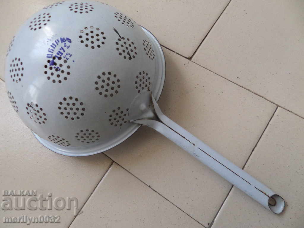 Old enameled colander, court with enamel injured by the People's Republic of Bulgaria with price 29.00 BGN | € 14.83 Old enameled colander, court with enamel injured by the People's Republic of Bulgaria with price 29.00 BGN | € 14.83