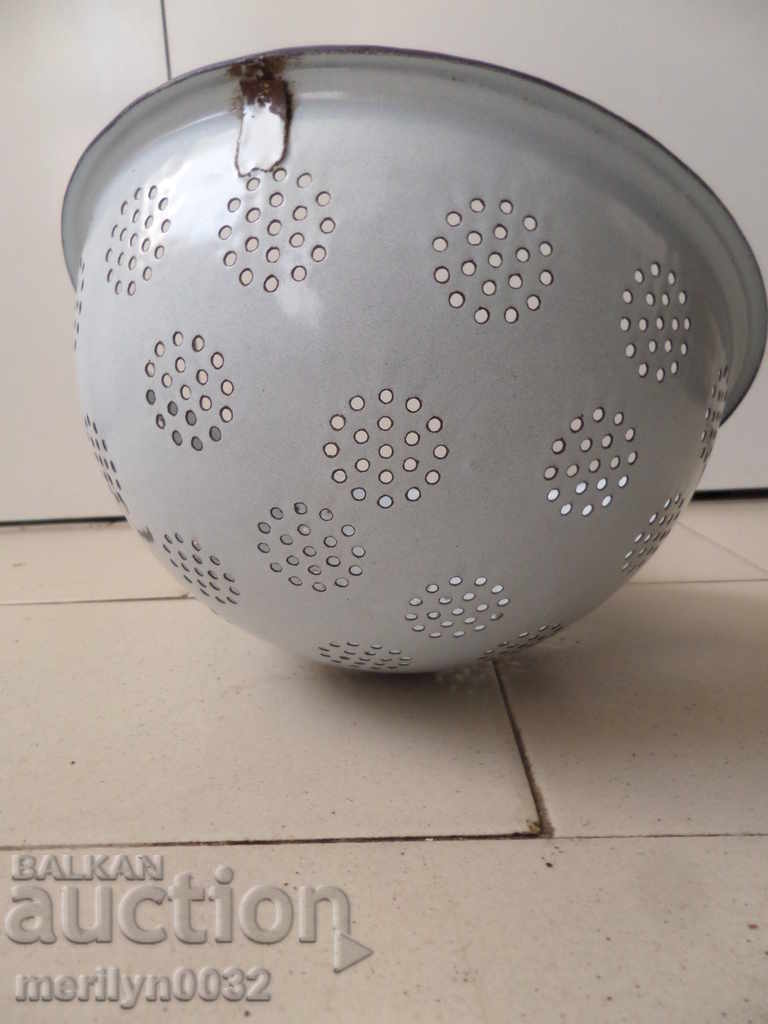 Old enameled colander, court with enamel injured by the People's Republic of Bulgaria - 7 Old enameled colander, court with enamel injured by the People's Republic of Bulgaria - 7