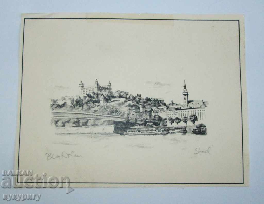 European drawing small picture lithography signed