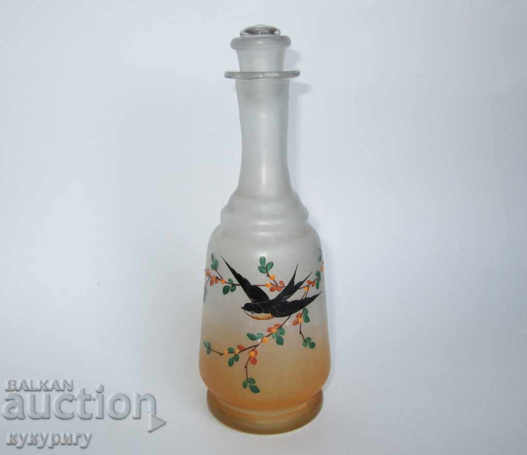 Ancient Victorian glass carafe painted with enamel