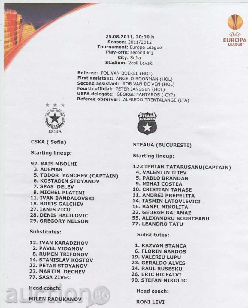 Football team list CSKA-Steaua Bucharest Romania 2011