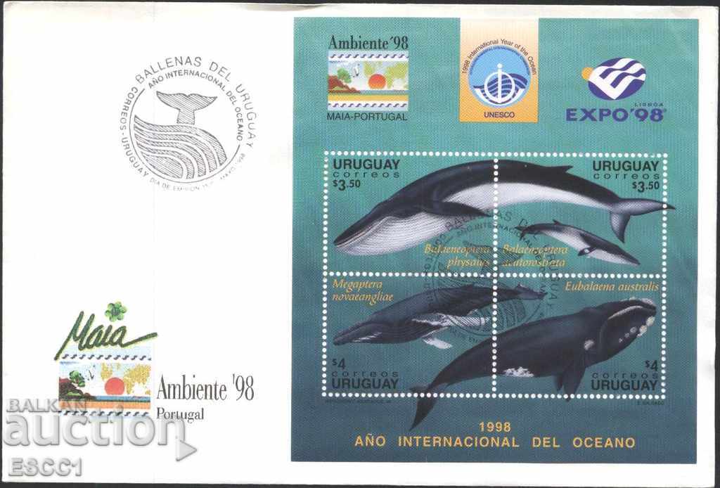 Първодневен плик Морска фауна Китове 1998 от Уругнай