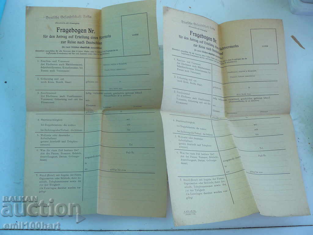 Auction  Questionnaire for Traveling in Nazi Germany 194 ..year 2 ex.