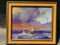 Pictură veche - Peisaj marin - ulei, pânză cu cadru din lemn