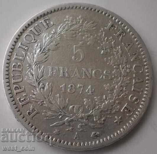 Franța 5 Frank 1874 Silver Rare Monede