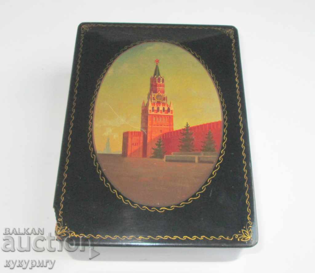 Old Russian jewelry box black lacquer hand-painted Kremlin
