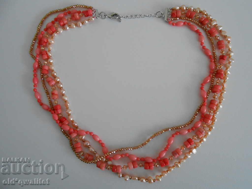 Stylish, very gentle 4-line necklace - pink Coral, Pearl and