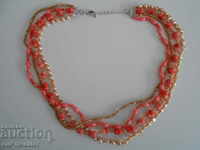 Stylish, very gentle 4-line necklace - pink Coral, Pearl and