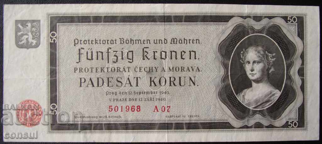 Republica Cehă și Moravia 50 Krones 1940 Foarte rare