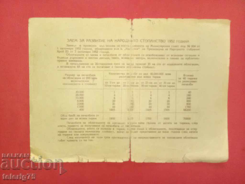 Bond-State Loan for Development of the National Bank - BGN 40 - 1952 with price 6.00 BGN | € 3.07