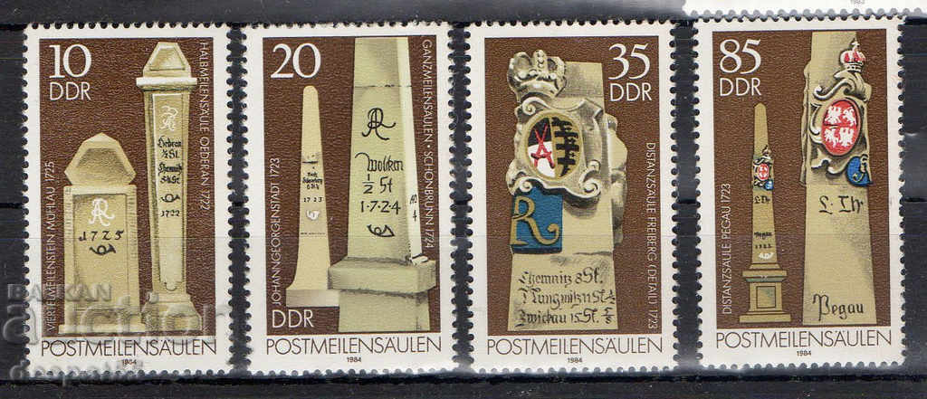 1984. ГДР. Стари пощенски каменни пирамиди с разстоянията.
