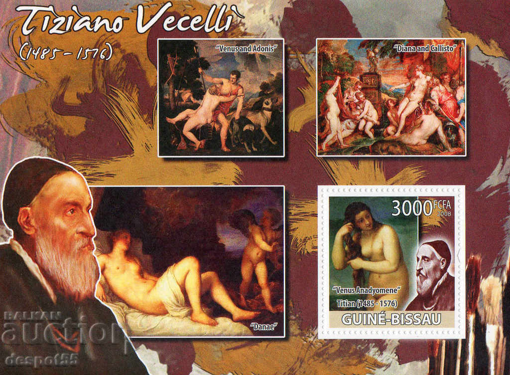 2008. Гвинея Бисау. Картини на Тициано (1485-1576). Блок.