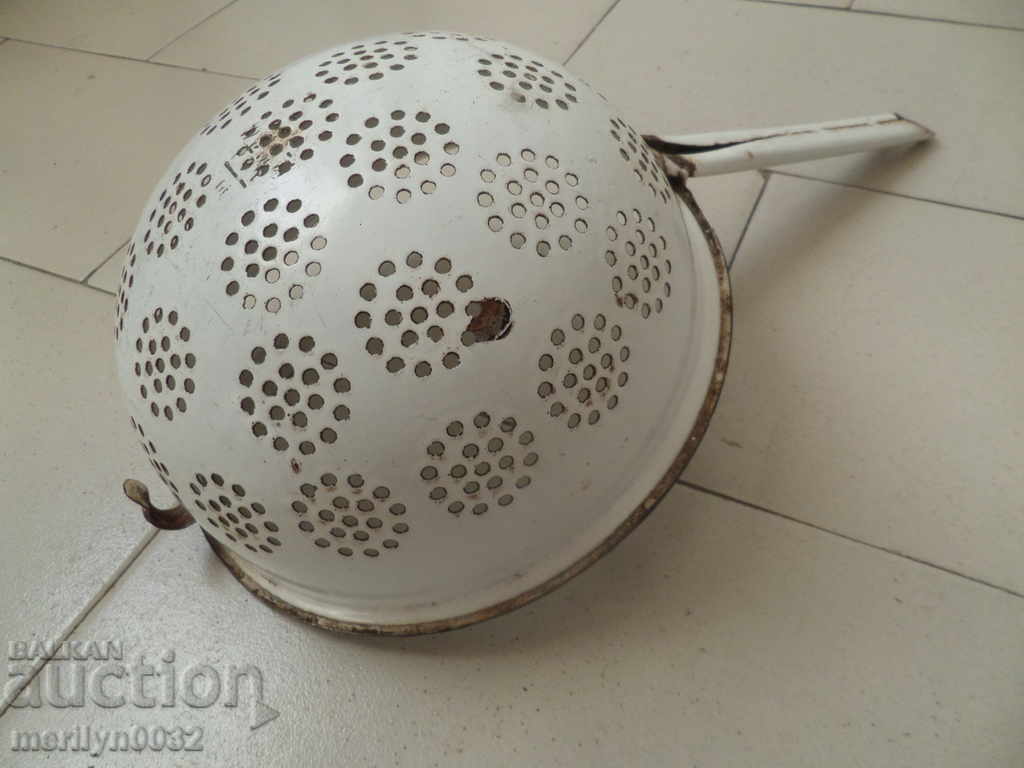 Old enameled colander, court with enamel injured by the People's Republic of Bulgaria - 6 Old enameled colander, court with enamel injured by the People's Republic of Bulgaria - 6