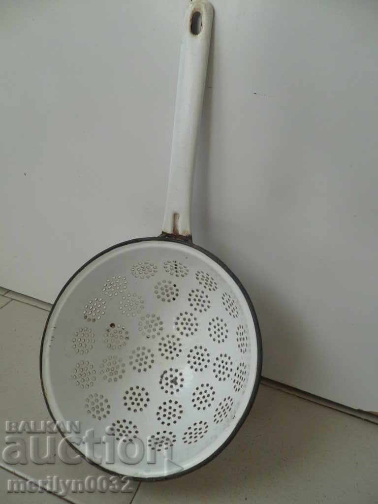 Old enameled colander, court with enamel injured by the People's Republic of Bulgaria - 7 Old enameled colander, court with enamel injured by the People's Republic of Bulgaria - 7