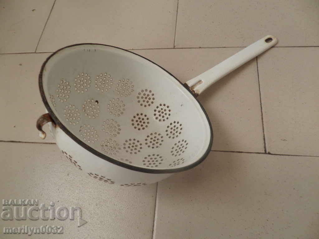 Old enameled colander, court with enamel injured by the People's Republic of Bulgaria