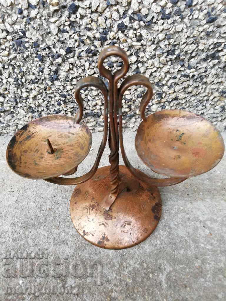 Auction Old wrought copper candlestick from the social period, candle Auction Old wrought copper candlestick from the social period, candle