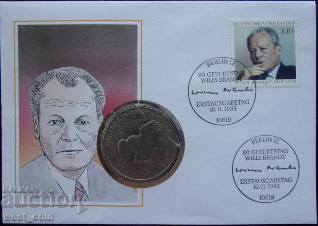 Germany 1 Dollar 1993 Postal envelope with Coin NUMISBRIEFE