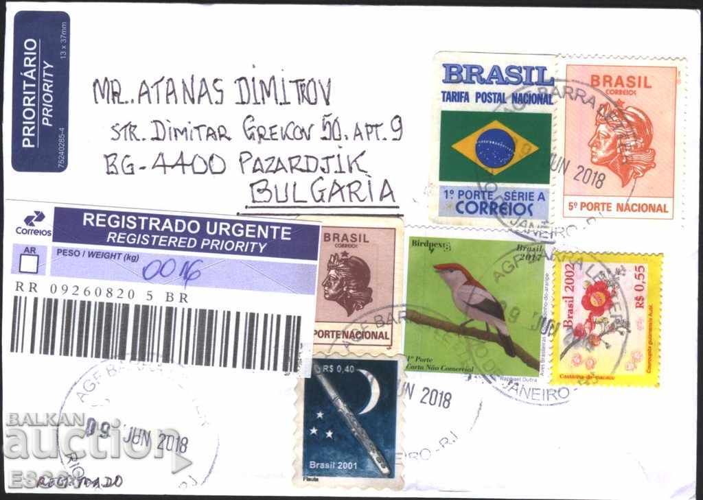 Пътувал плик с марки Цвете 2002 Птица 2017 Флаг от Бразилия