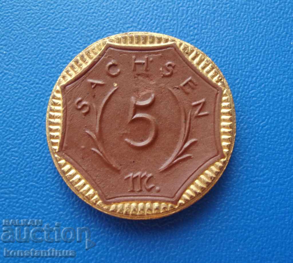 Саксония Германия  5  Марк  1921 Порцелан с Позлата UNC с цена € 28.12 | 55.00 лв.