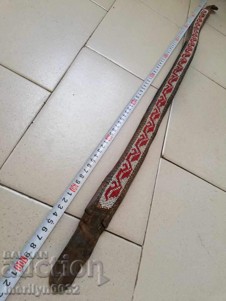 Auction  Old handwoven leather belt for pafti beads blue costume