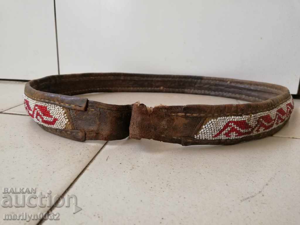 Delivery of Old handwoven leather belt for pafti beads blue costume