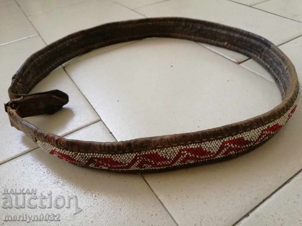 Old handwoven leather belt for pafti beads blue costume - 7