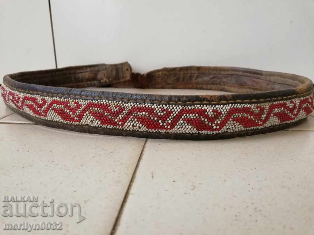 Old handwoven leather belt for pafti beads blue costume