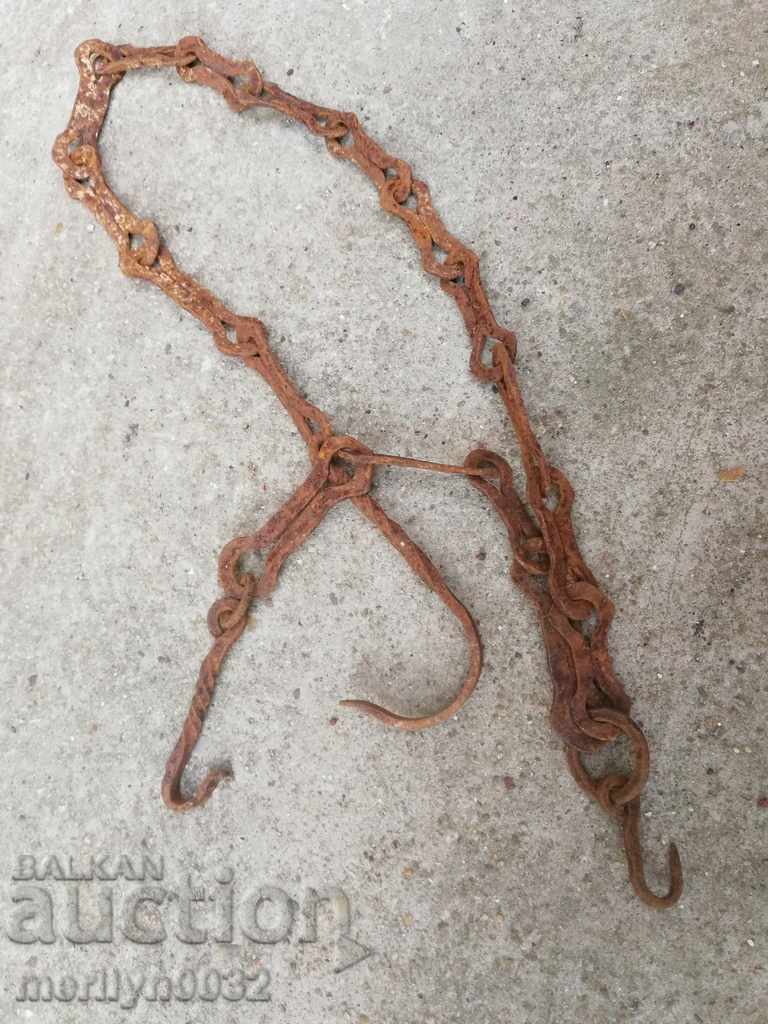 Old forged chain for hearth, wrought iron, chain with hook - 7 Old forged chain for hearth, wrought iron, chain with hook - 7
