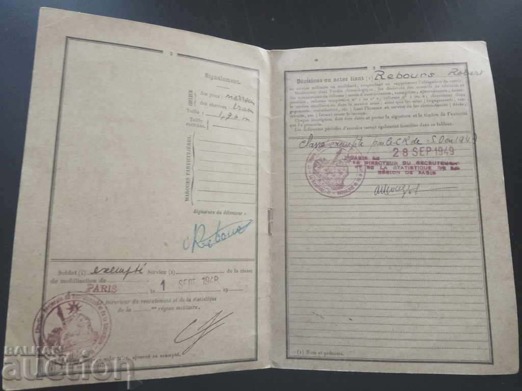 Auction Livret individuel 1948 - Military Booklet Auction Livret individuel 1948 - Military Booklet