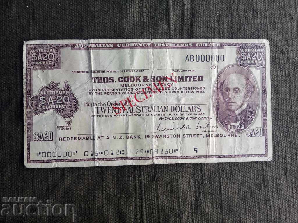 20 Australian Dollars - Traveler's Check 20 Australian Dollars - Traveler's Check