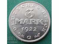 Германия Ваймар  3  Марк  1922 G  UNC  Рядка Монета