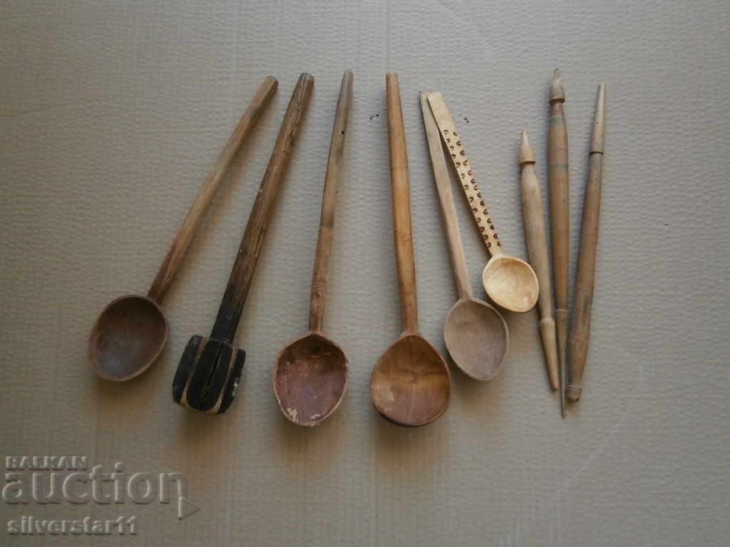 wooden primitive spoon spindle stirrer lot