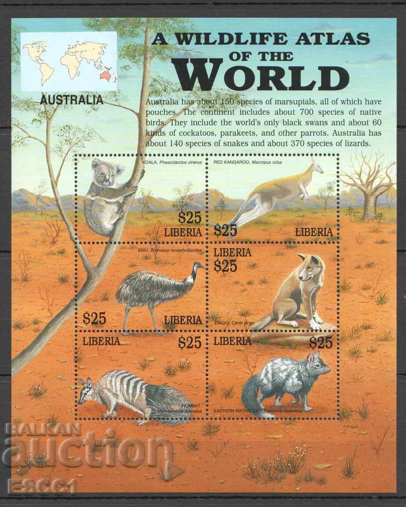 Καθαρές μάρκες σε ένα μικρό φύλλο Fauna Animals 2001 από τη Λιβερία