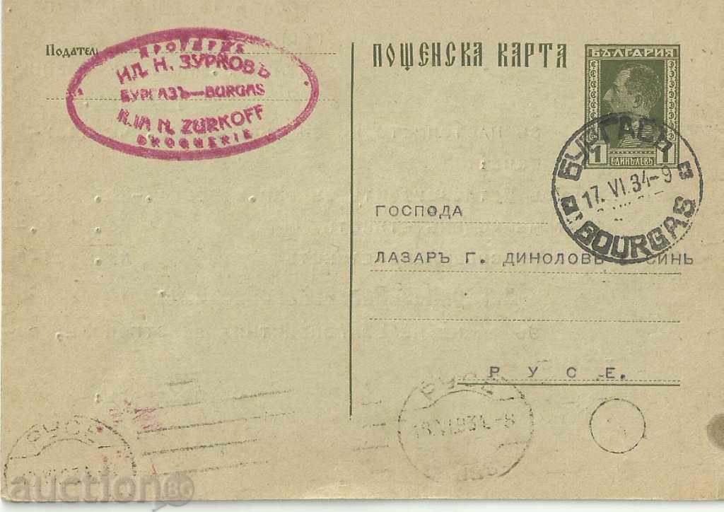 Пощенска карта, печат Зурков, Бургас