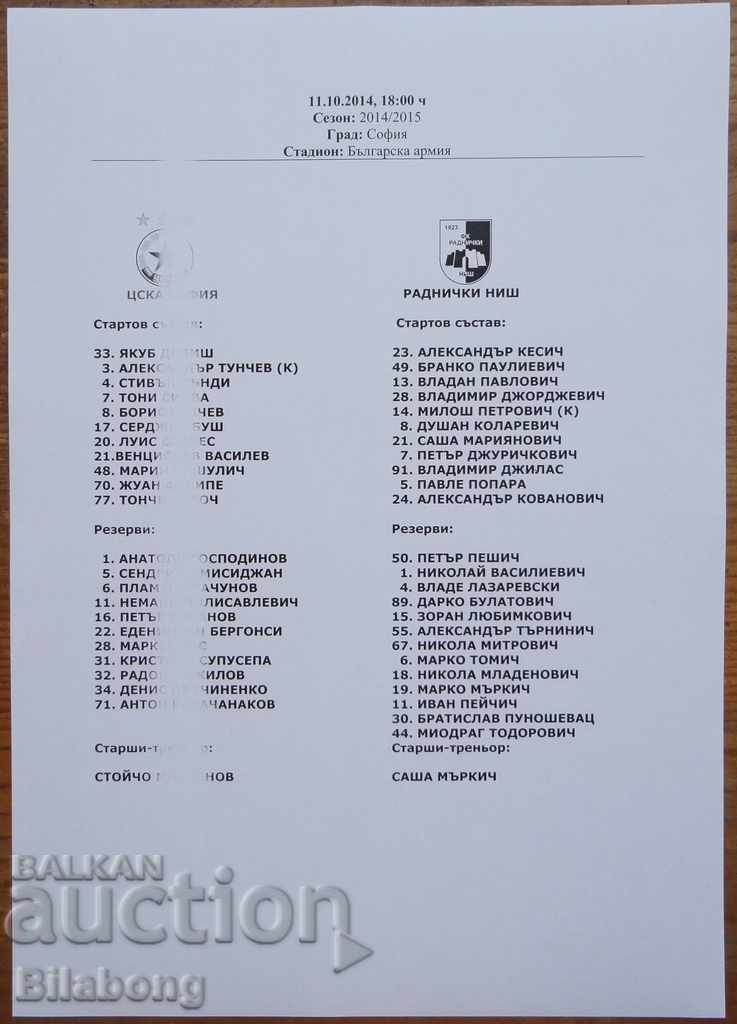 Football team sheet CSKA-Radnicki Nis, Friendly - 2014