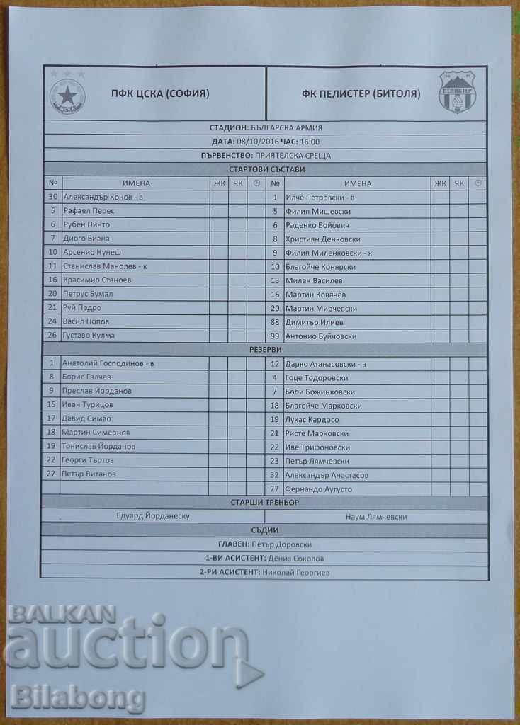 Football team sheet CSKA-Pellister, Friendly - 2016