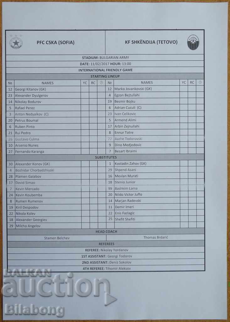 Football team sheet CSKA-Shkendia, Friendly - 2017