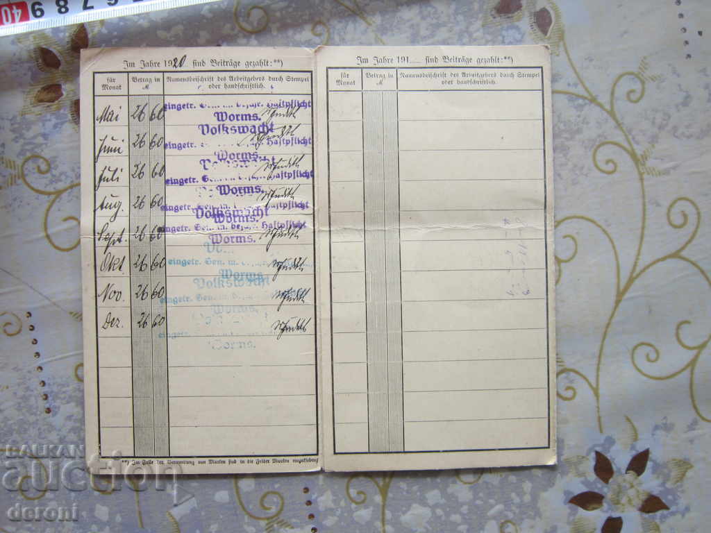 Auction Old German Document Insurance Card Card 1925 Auction Old German Document Insurance Card Card 1925