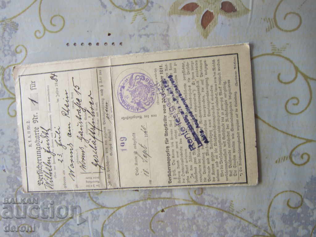 Old German Document Insurance Card Card 1925 - 6 Old German Document Insurance Card Card 1925 - 6